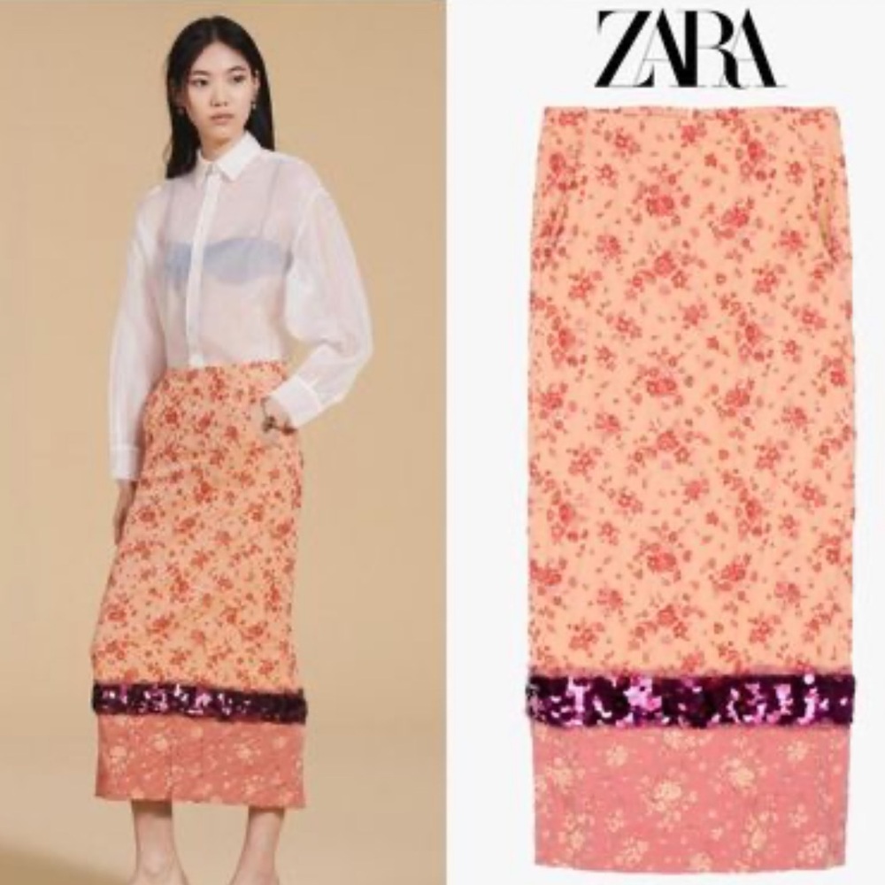 NEW Zara peach coral floral sequin midi slit jacquard skirt